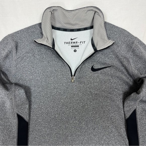 Nike Therma-Fit 1/4 Zip 1/2 Zip Sweatshirt Warmup Fleece Lined Gray Black Swoosh - Picture 3 of 8